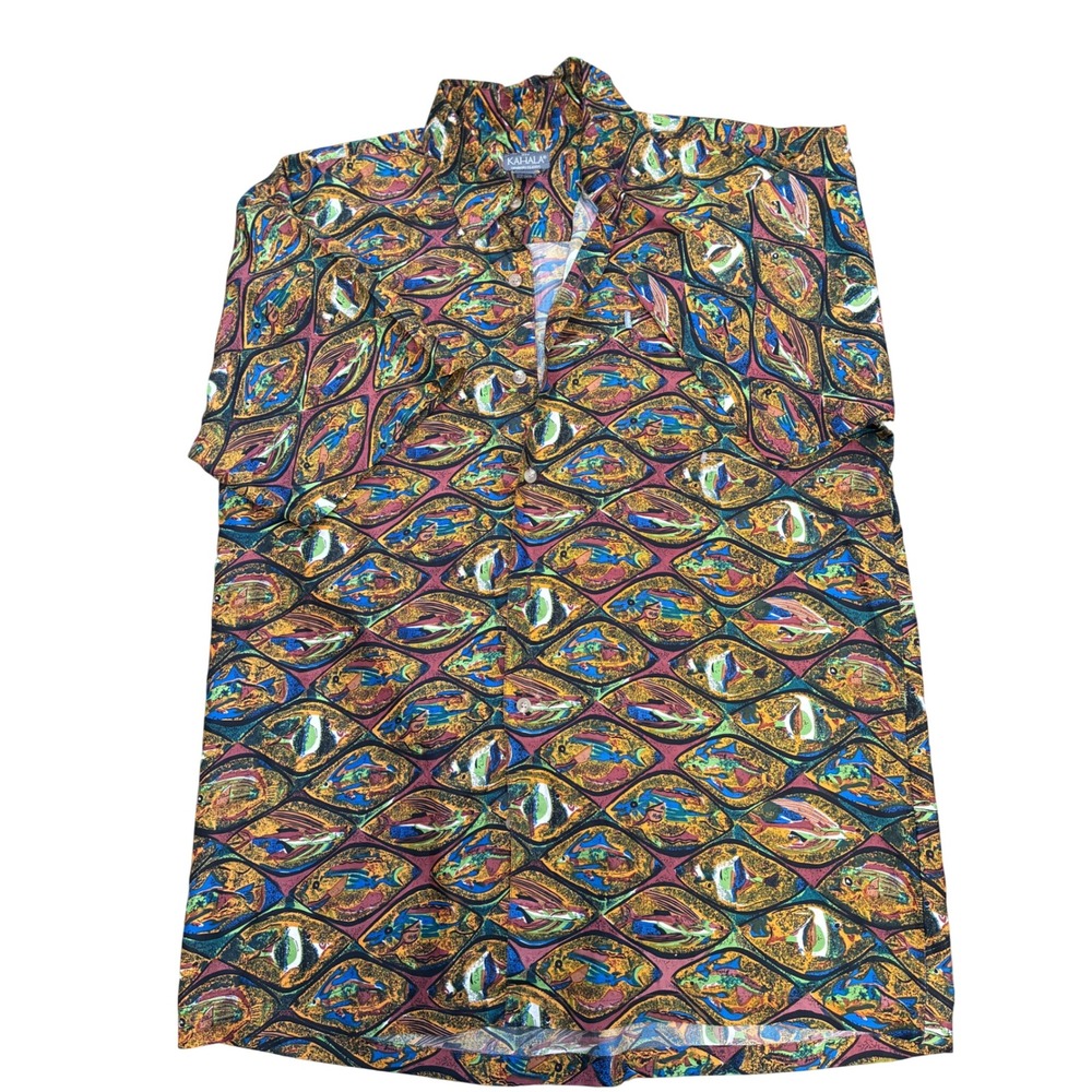 Kahala Mens Silk Hawaiian Shirt M Abstract Fish Print Short Sleeve Button Up